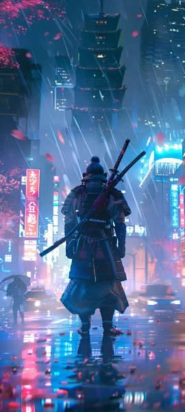 epic anime boy wallpaper — rain, weapon, sword, weapon on back (free 4K phone download)