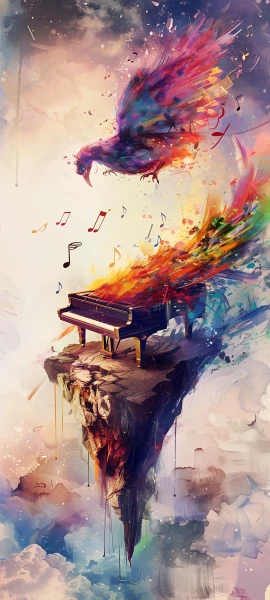 colorful fusion wallpaper — musical note, piano, bird, music (free 4K phone download)
