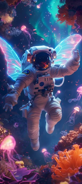 futuristic fusion wallpaper — jellyfish, spacesuit, wings, helmet (free 4K phone download)