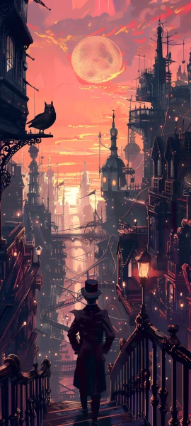 gothic anime boy wallpaper — hat, moon, bird, from behind (free 4K phone download)