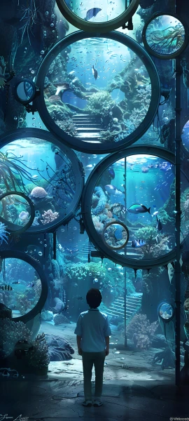 futuristic anime boy wallpaper — fish, aquarium, shirt (free 4K phone download)