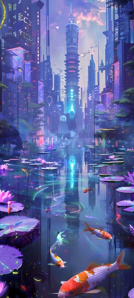 futuristic fusion wallpaper — fish, scenery, building, skyscraper (free 4K phone download)