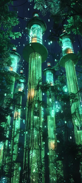 futuristic fusion wallpaper — scenery, pillar, plant, night (free 4K phone download)