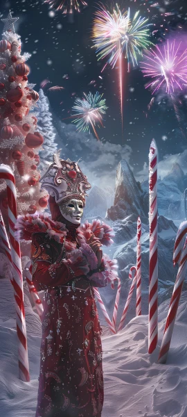 festive anime boy wallpaper — snow, crossed arms, night, fireworks (free 4K phone download)