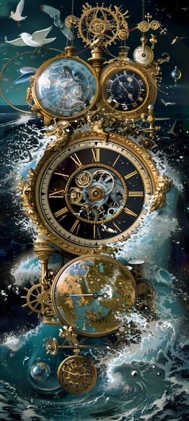 gothic anime girl wallpaper — bird, gears, waves, clock (free 4K phone download)