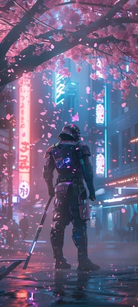 futuristic anime boy wallpaper — cherry blossoms, weapon, from behind, holding (free 4K phone download)