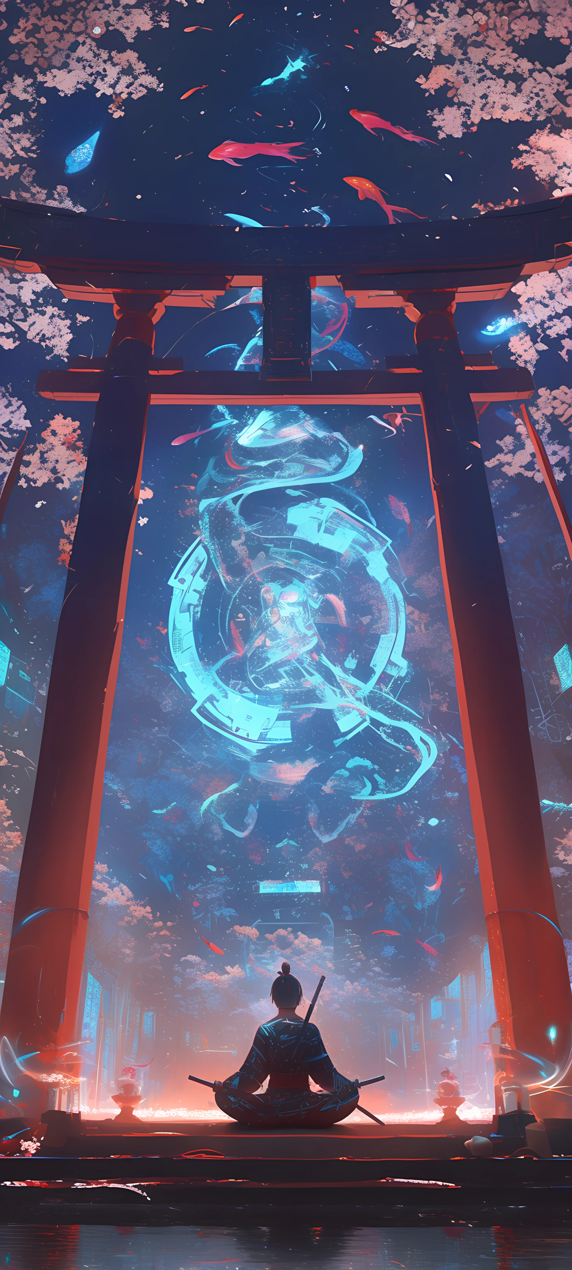 futuristic anime boy wallpaper — torii, scenery, japanese clothes, petals (free 4K phone download)