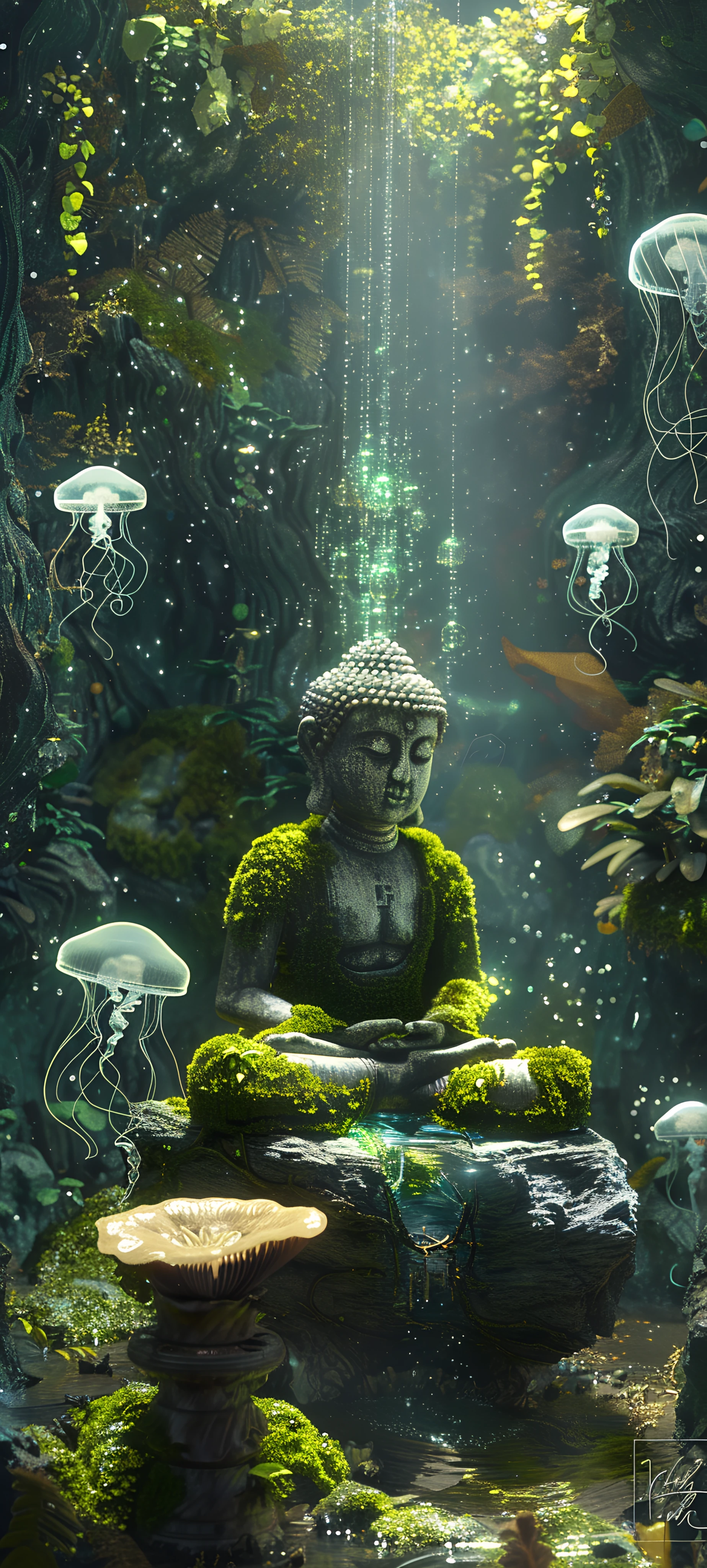 serene fusion wallpaper — jellyfish, statue, light rays, sunlight (free 4K phone download)