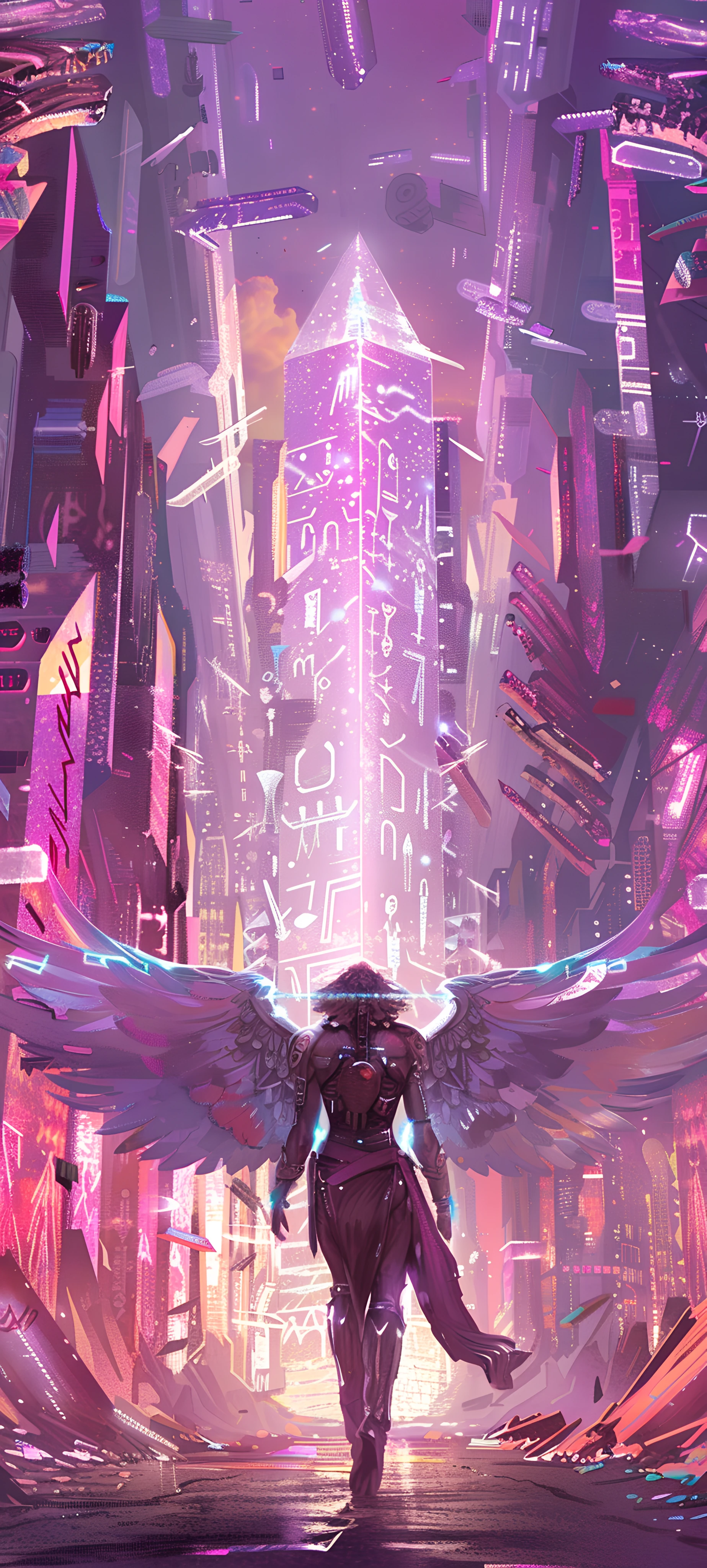 magical anime girl wallpaper — wings, from behind, science fiction, short hair (free 4K phone download)