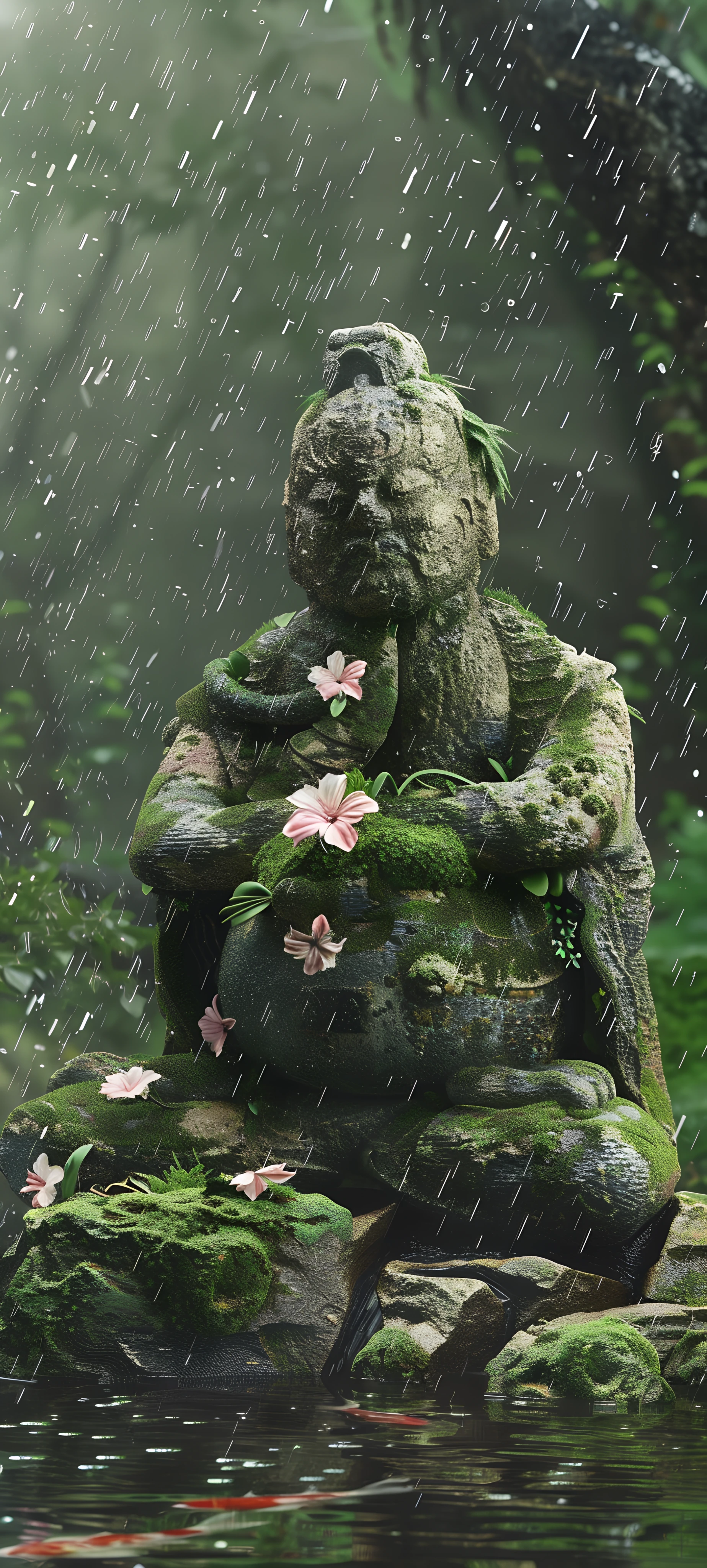 serene fusion wallpaper — flower, rain, statue, pink flower (free 4K phone download)