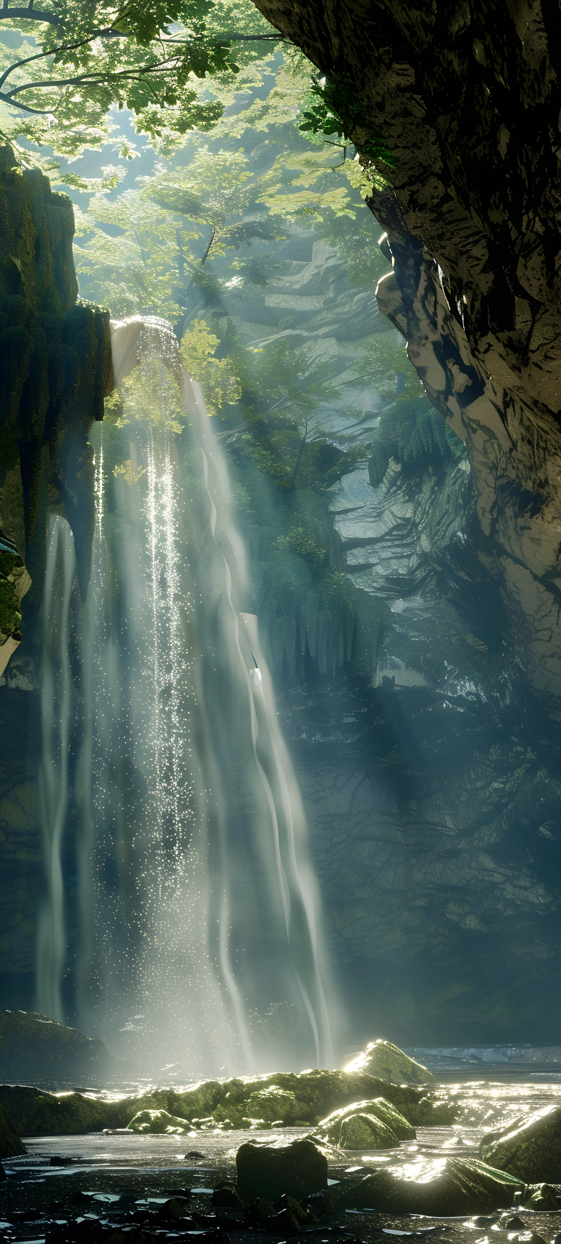 serene fusion wallpaper — scenery, waterfall, water, tree (free 4K phone download)