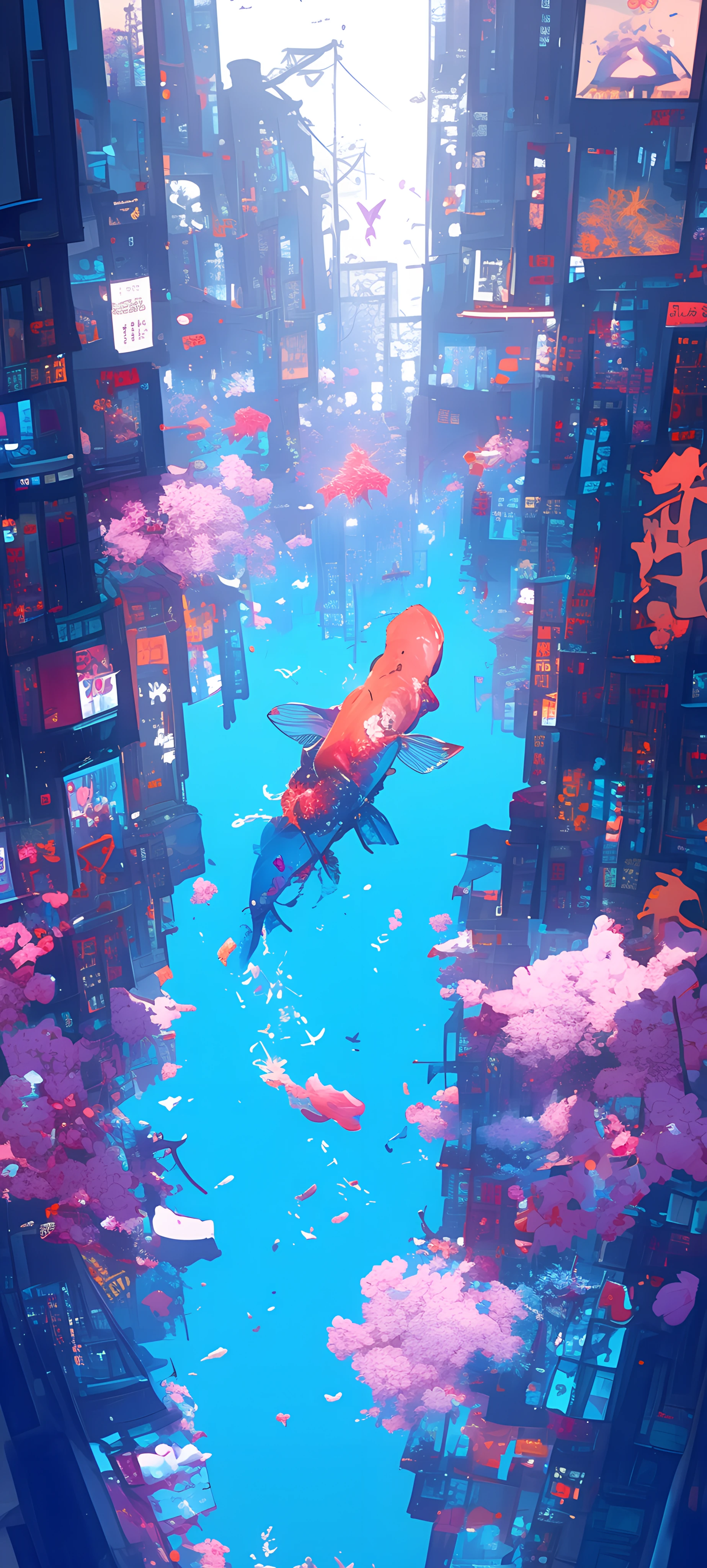 futuristic fusion wallpaper — fish, building, scenery, cherry blossoms (free 4K phone download)