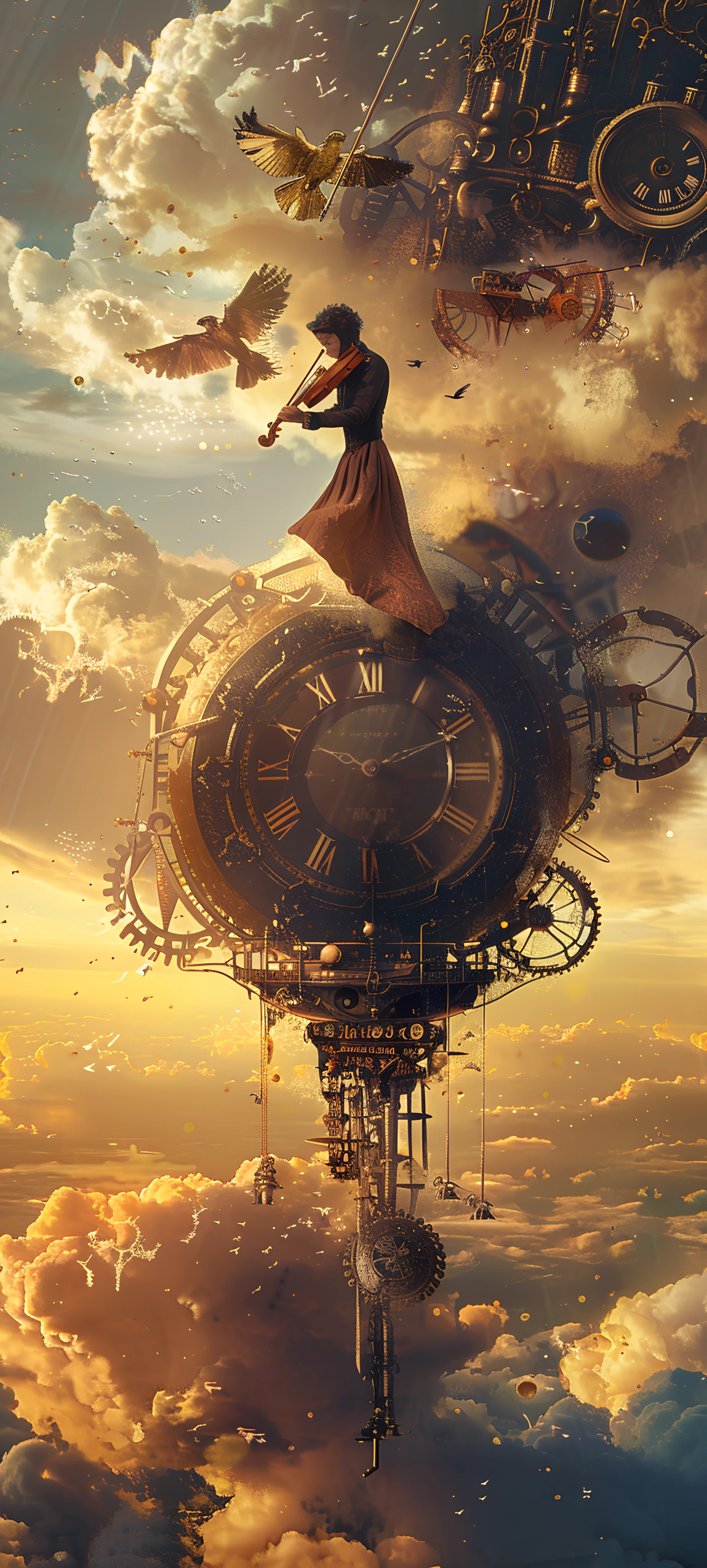 whimsical anime boy wallpaper — cloud, bird, instrument, violin (free 4K phone download)