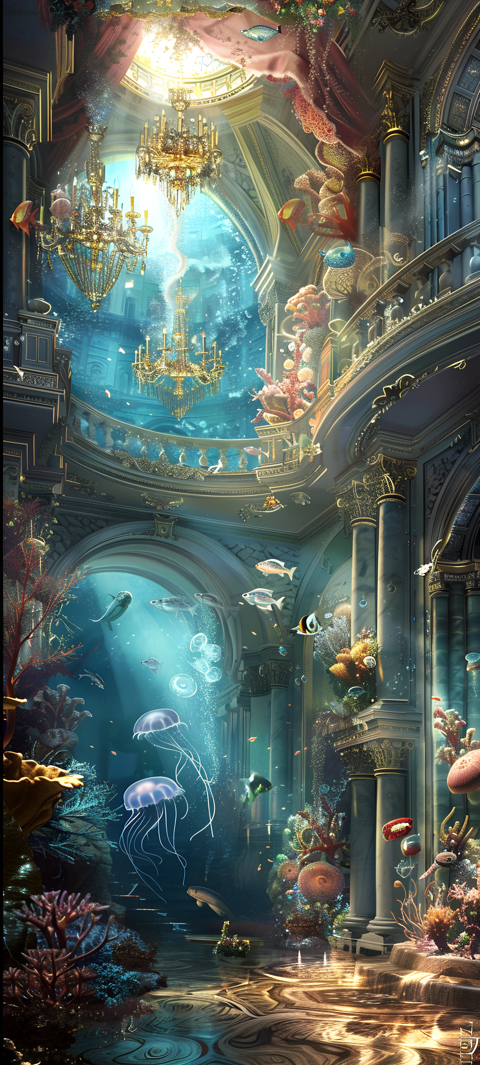 whimsical fusion wallpaper — jellyfish, coral, chandelier, fish (free 4K phone download)