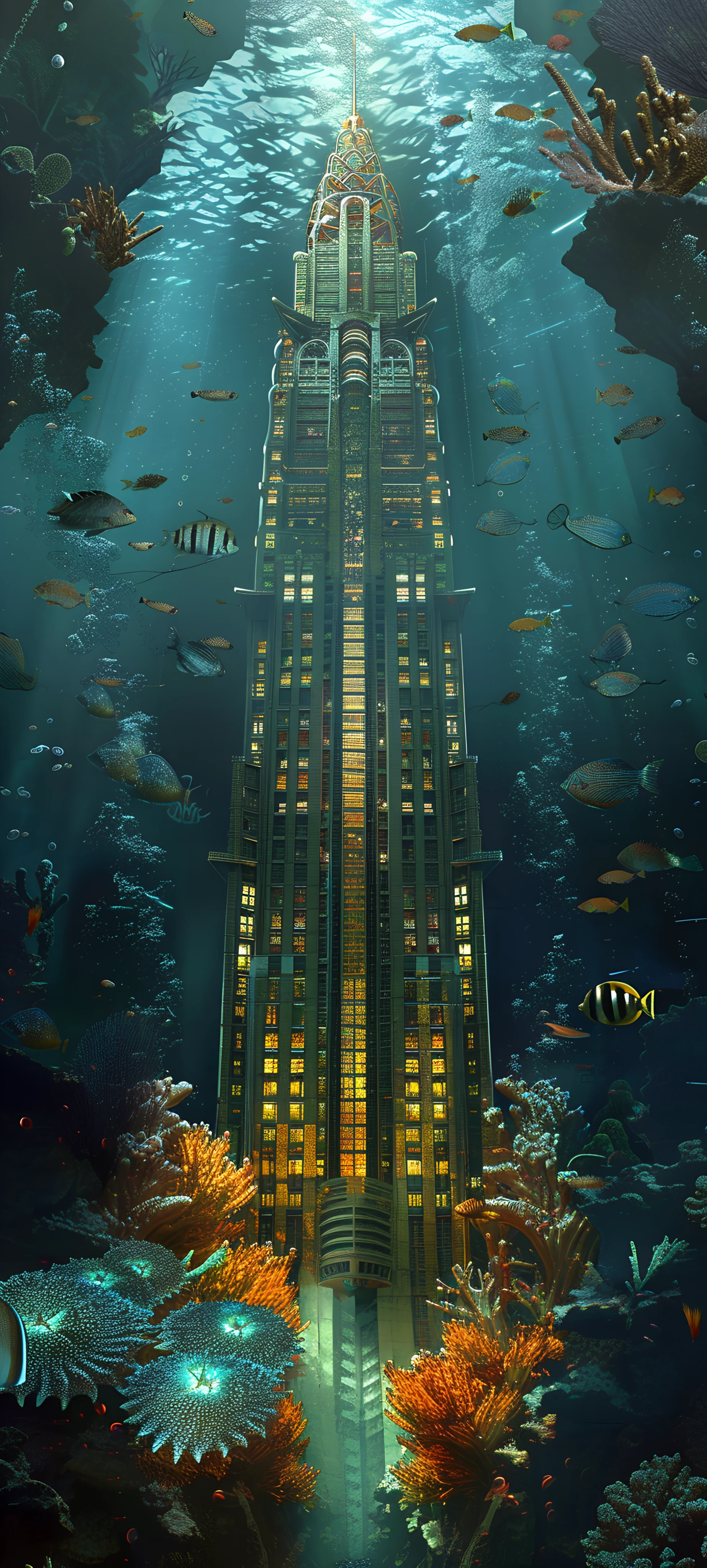 futuristic fusion wallpaper — fish, coral, scenery, underwater (free 4K phone download)
