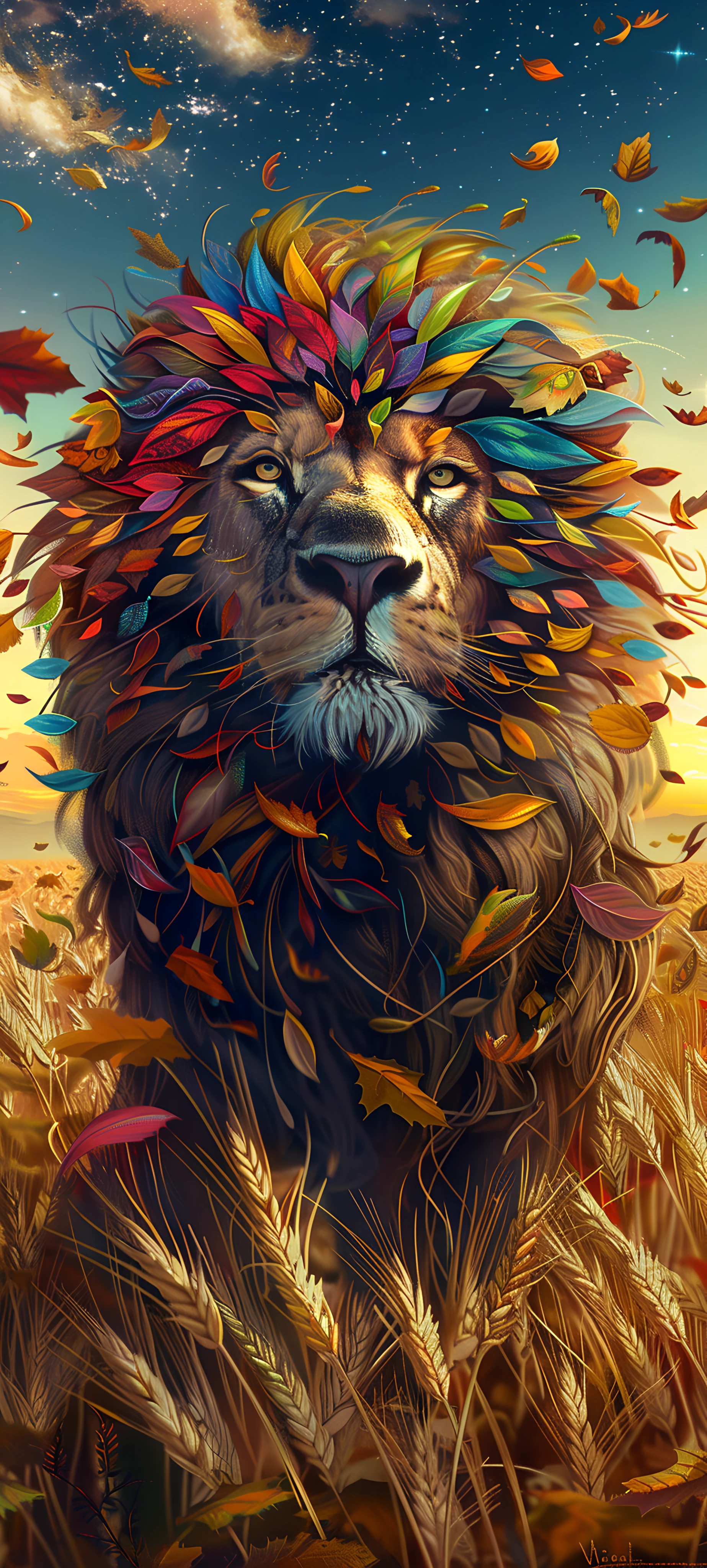 colorful fusion wallpaper — sky, lion, leaf, autumn leaves (free 4K phone download)