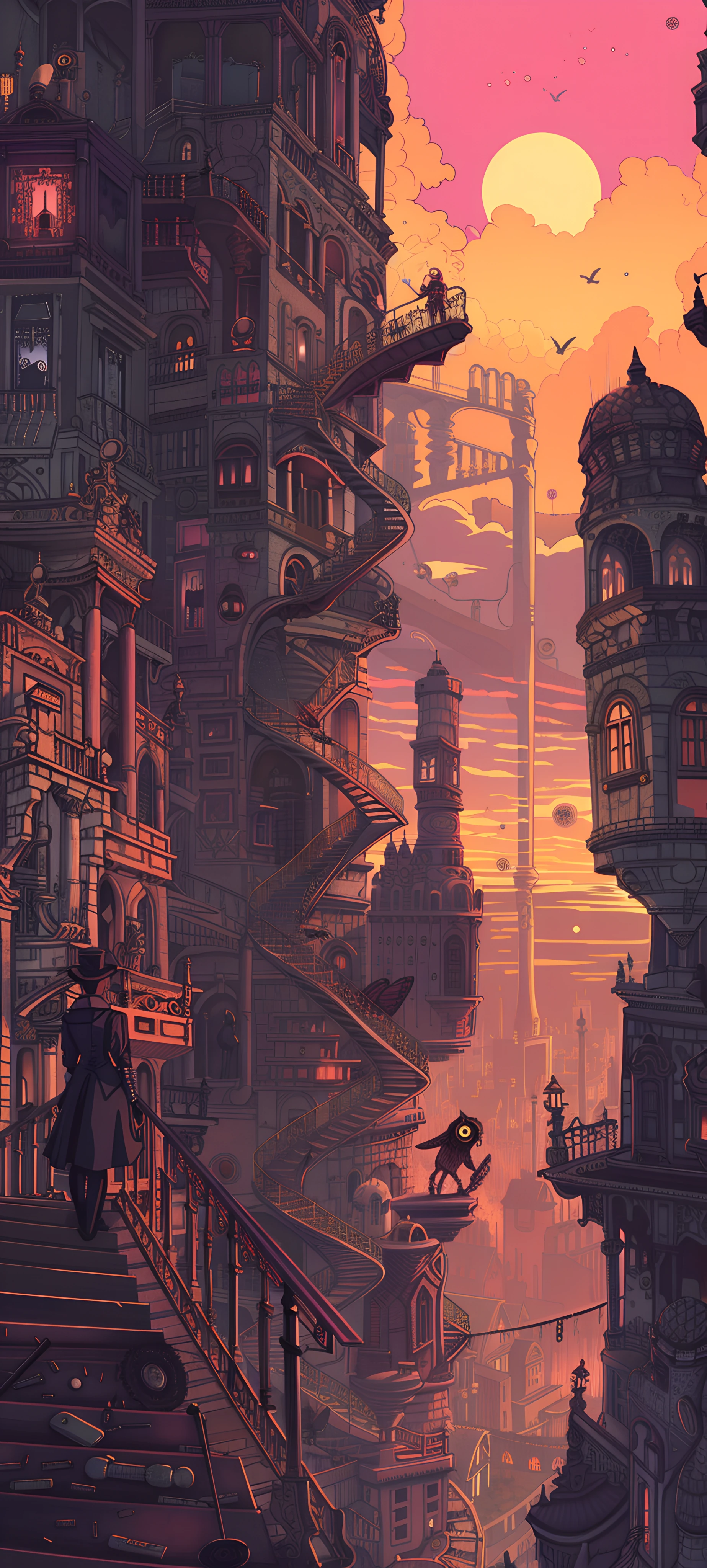 futuristic fusion wallpaper — stairs, scenery, hat, bird (free 4K phone download)