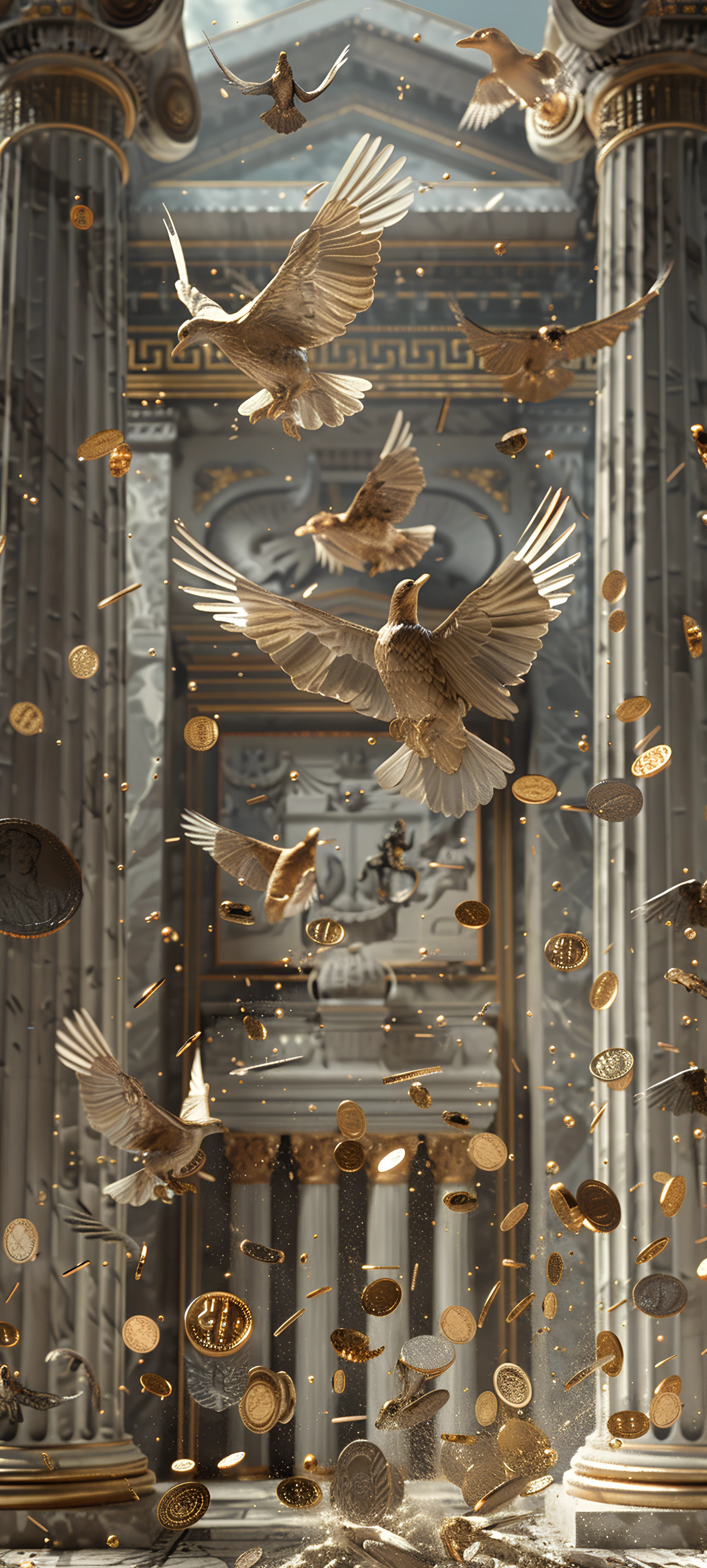 whimsical anime girl wallpaper — bird, pillar, coin, architecture (free 4K phone download)