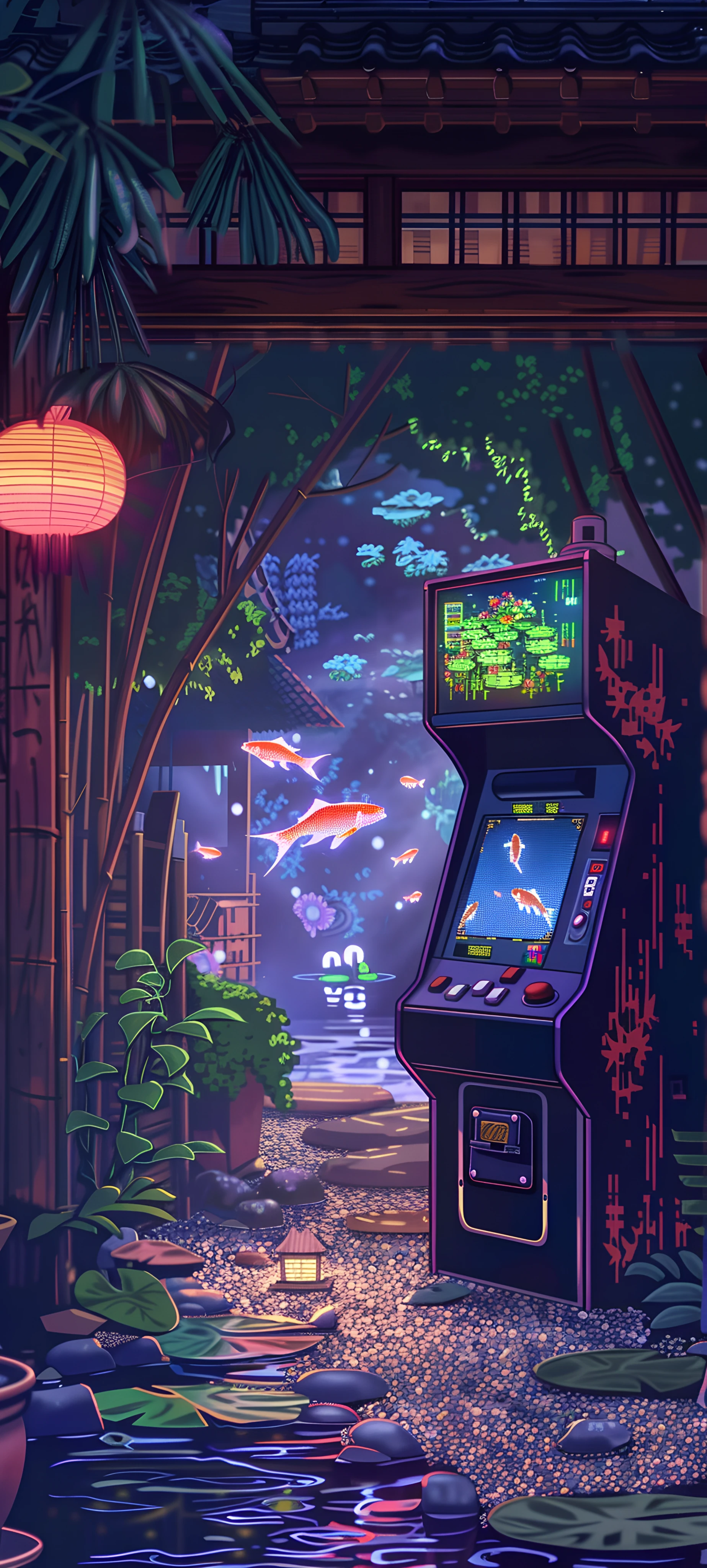 futuristic fusion wallpaper — fish, scenery, lily pad, koi (free 4K phone download)