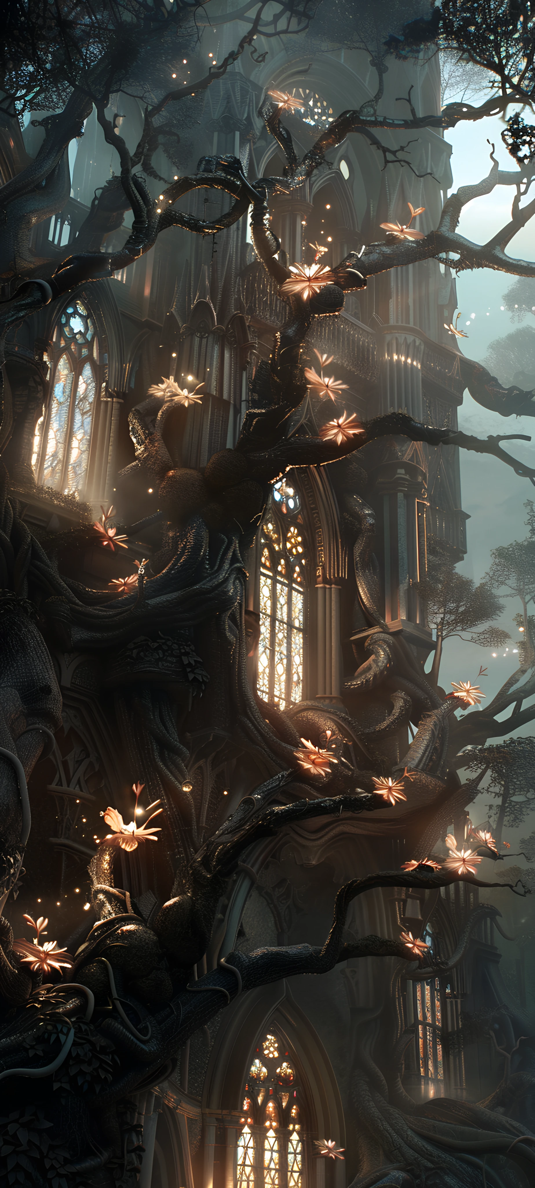gothic fusion wallpaper — tree, scenery, window, building (free 4K phone download)