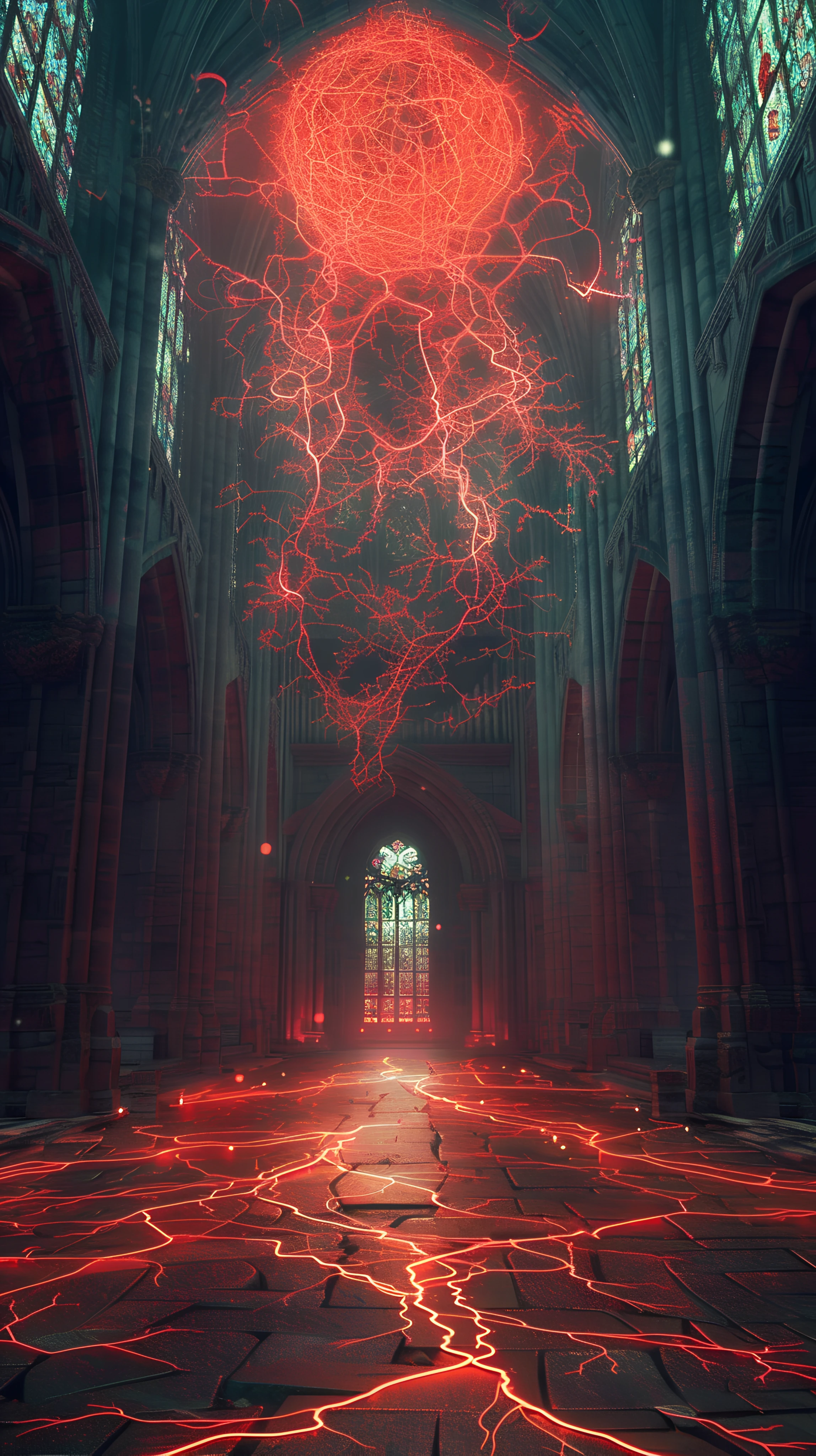 gothic fusion wallpaper — stained glass, scenery, pillar, red moon (free 4K phone download)