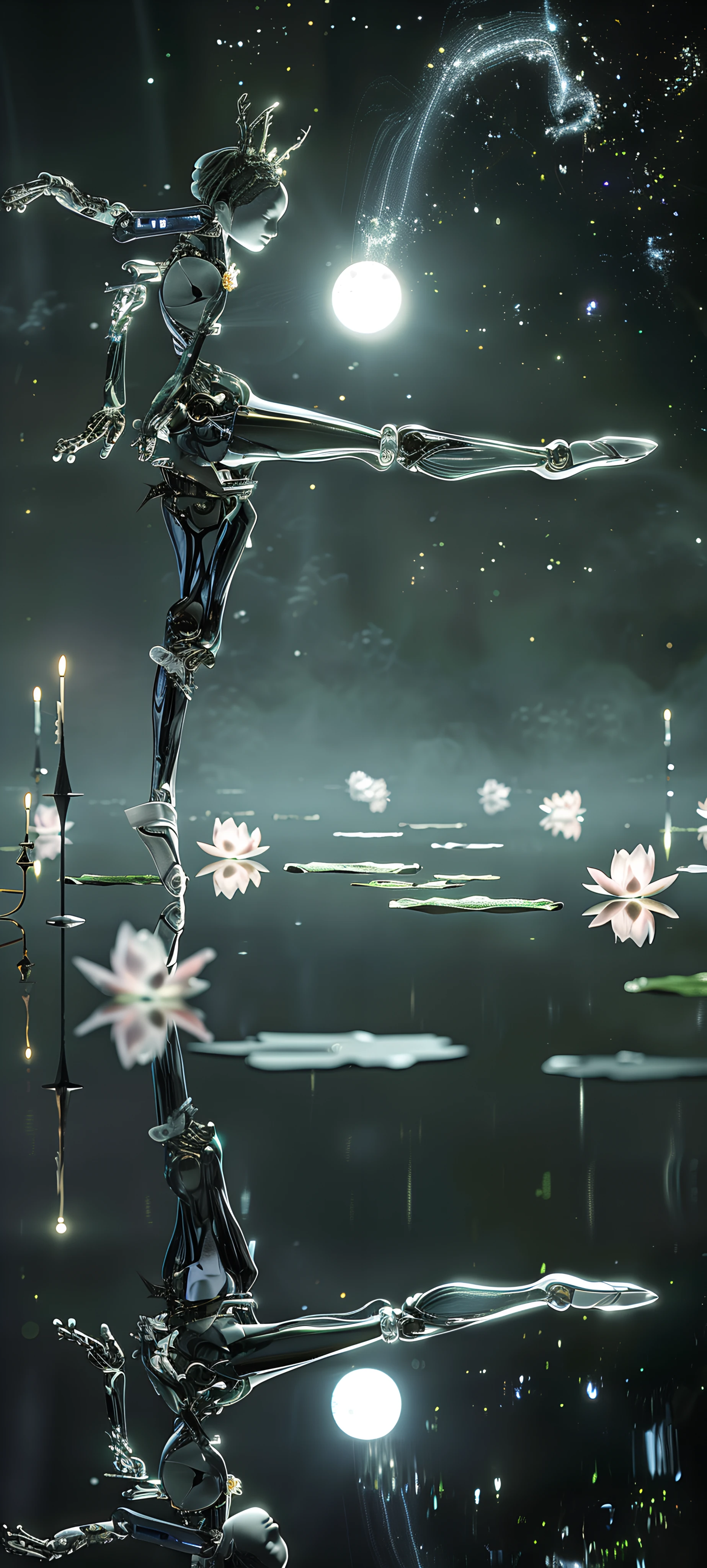 futuristic fusion wallpaper — joints, flower, reflection, moon (free 4K phone download)