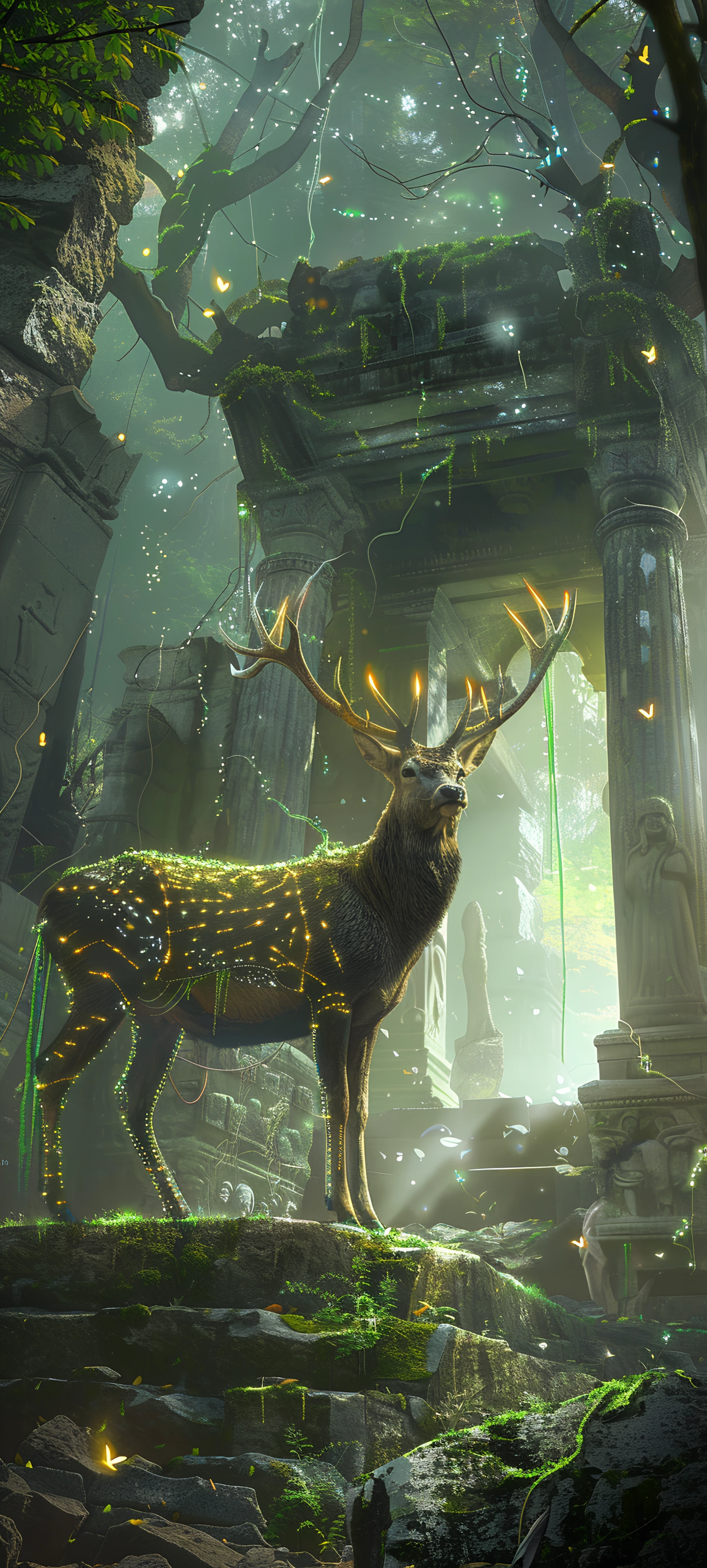 magical fusion wallpaper — deer, moss, antlers, ruins (free 4K phone download)