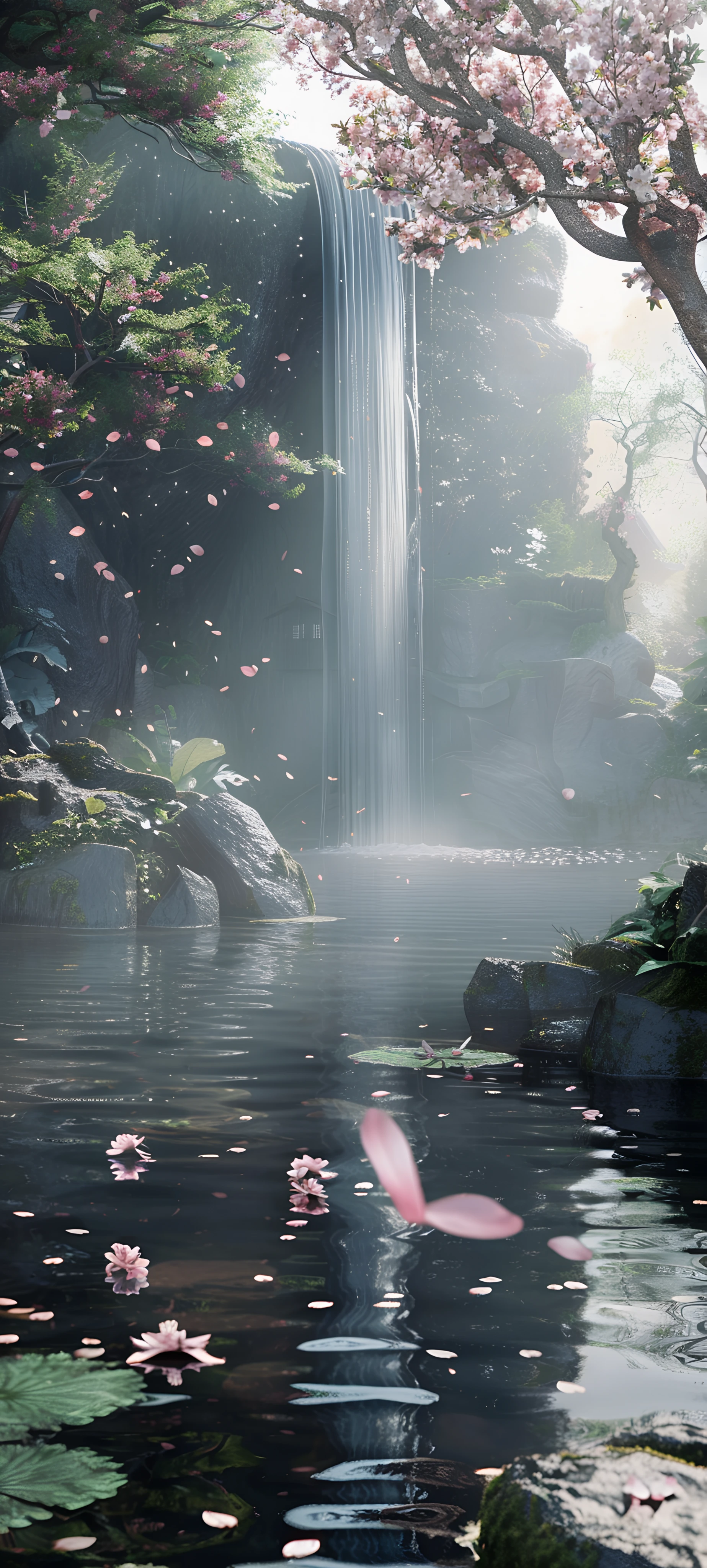 serene fusion wallpaper — waterfall, scenery, water, cherry blossoms (free 4K phone download)