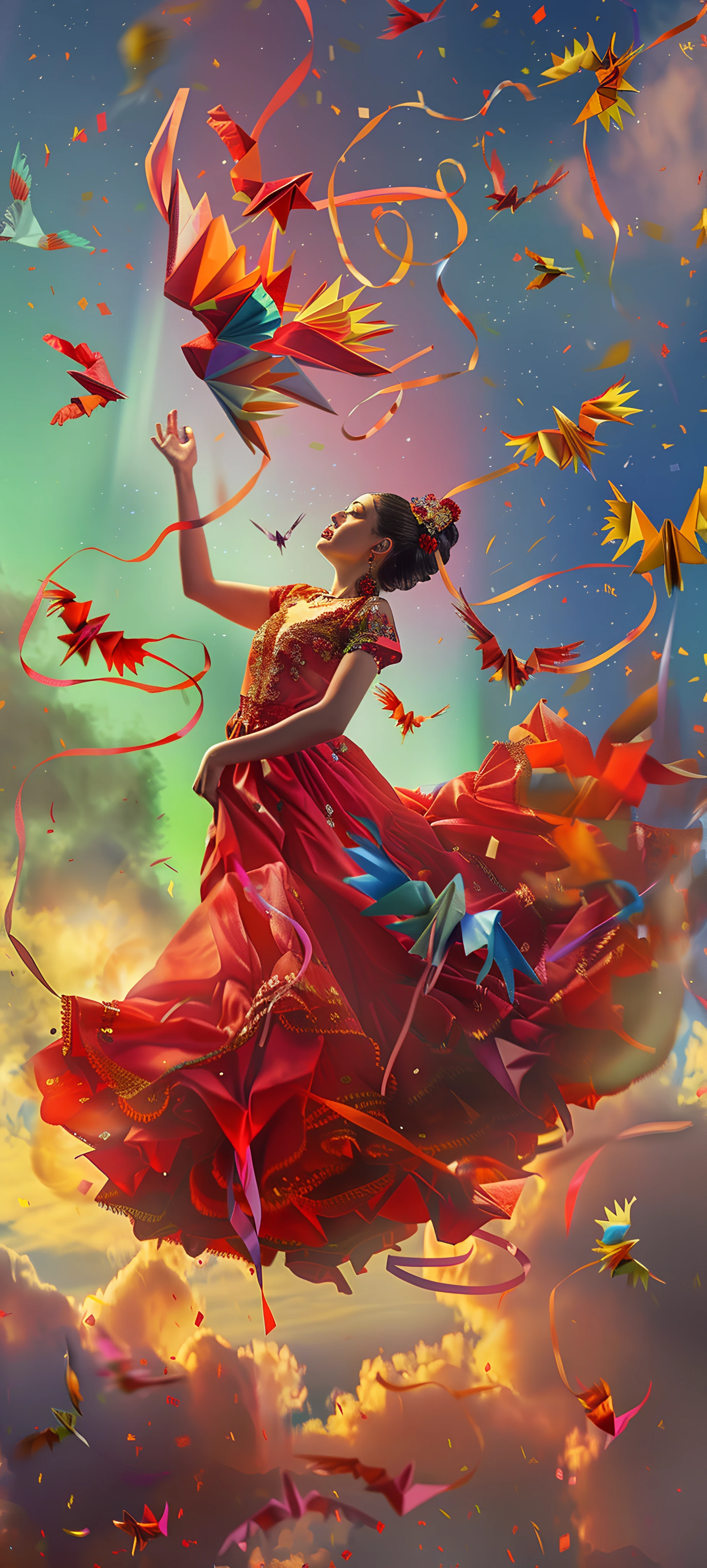 magical anime girl wallpaper — dress, red dress, origami (free 4K phone download)