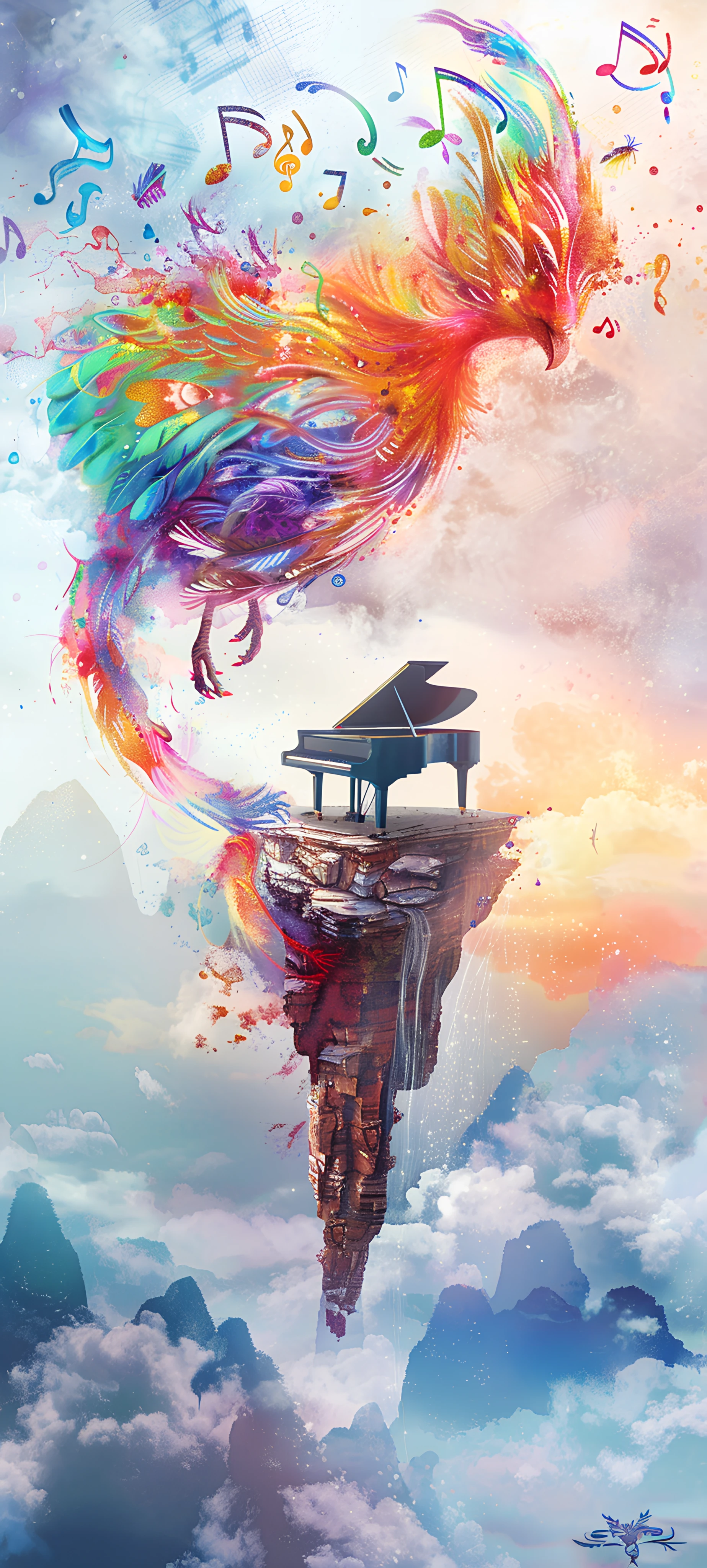 colorful fusion wallpaper — piano, instrument, musical note, cloud (free 4K phone download)