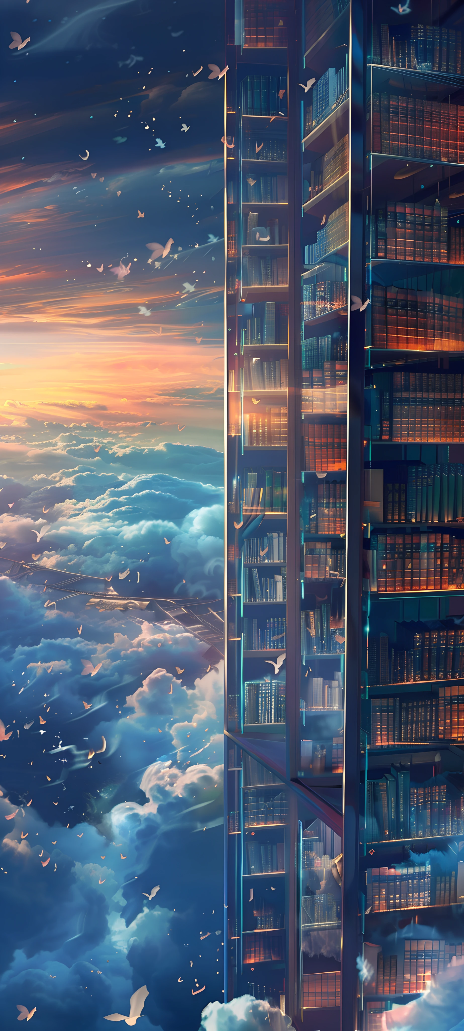 futuristic fusion wallpaper — scenery, cloud, bookshelf, bird (free 4K phone download)