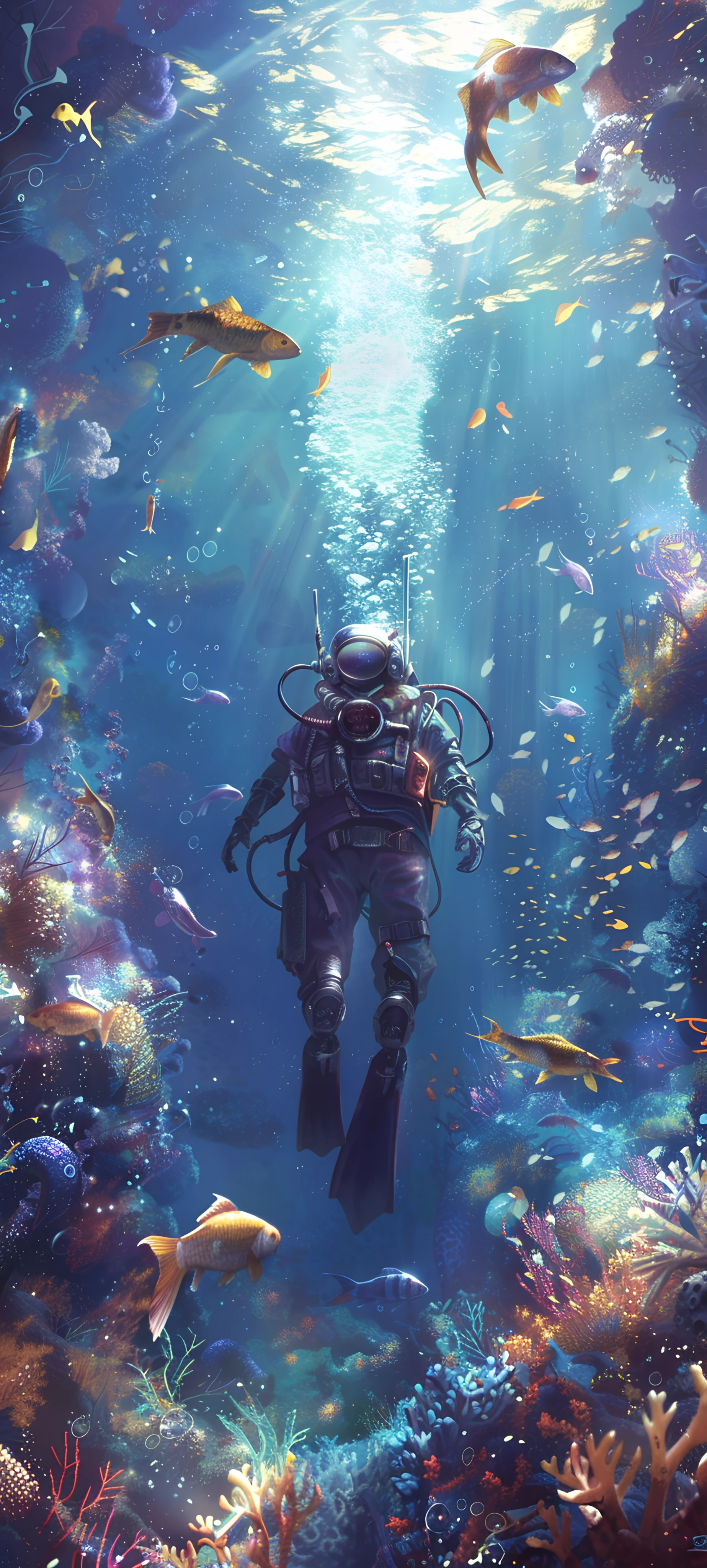 futuristic anime boy wallpaper — underwater, fish, coral, 1other (free 4K phone download)