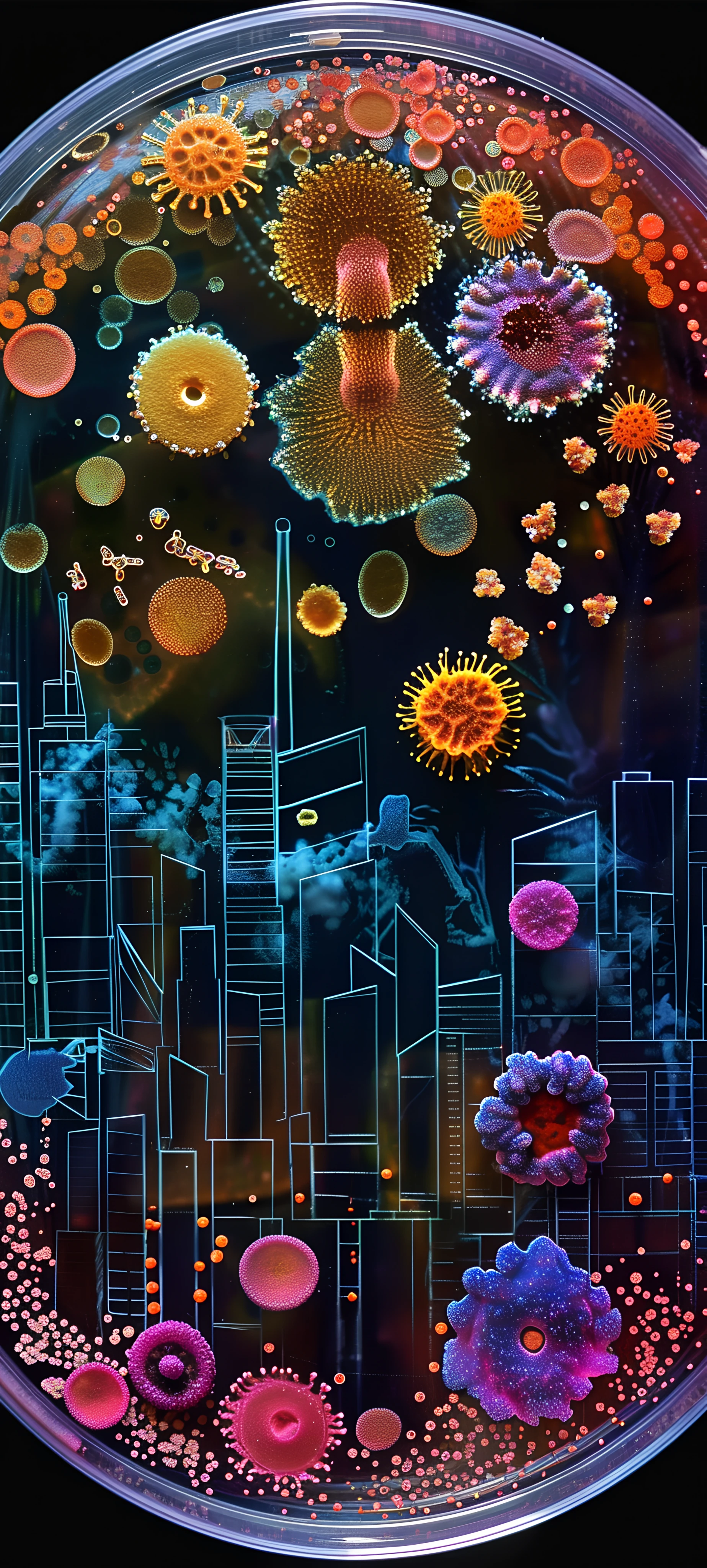 futuristic fusion wallpaper — flower, building, moon, city (free 4K phone download)