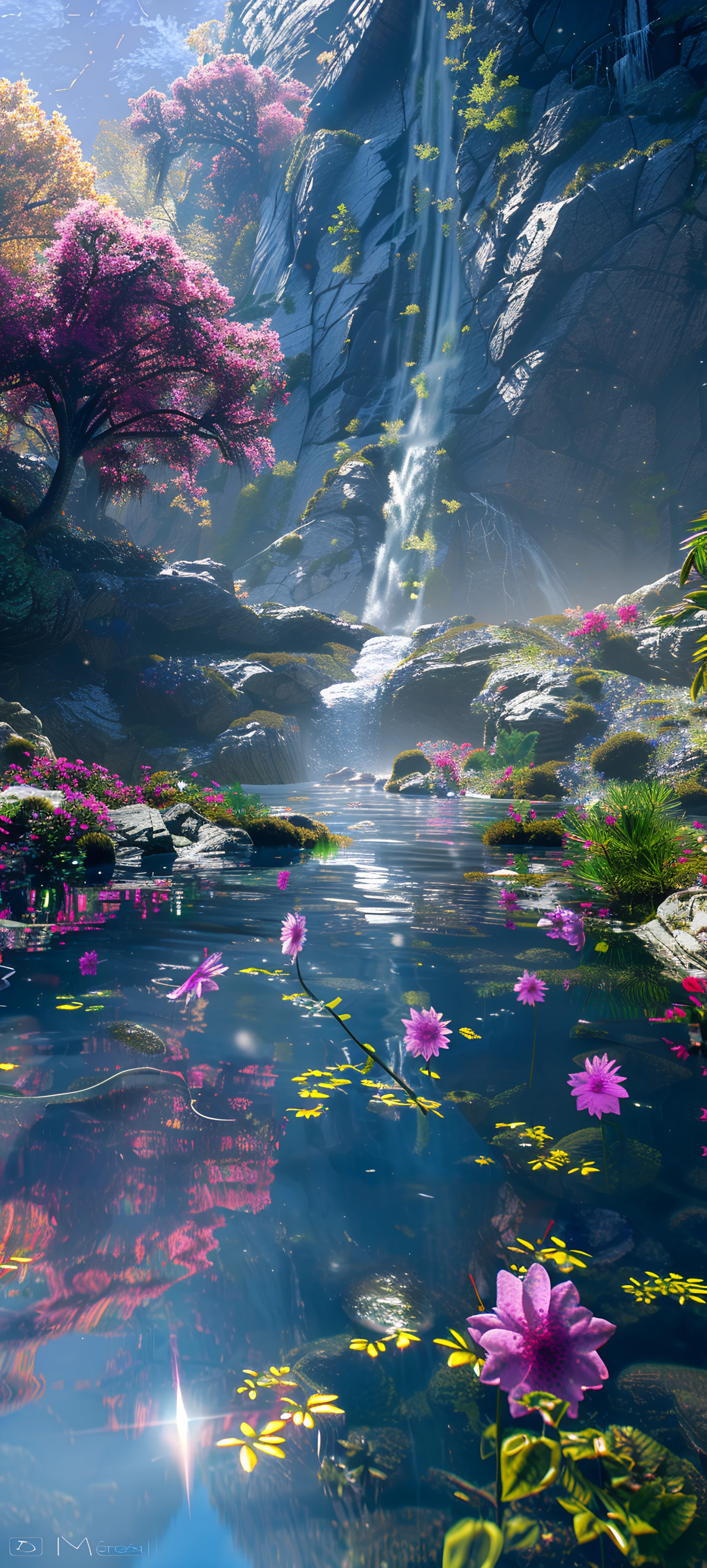 serene fusion wallpaper — scenery, flower, waterfall, tree (free 4K phone download)