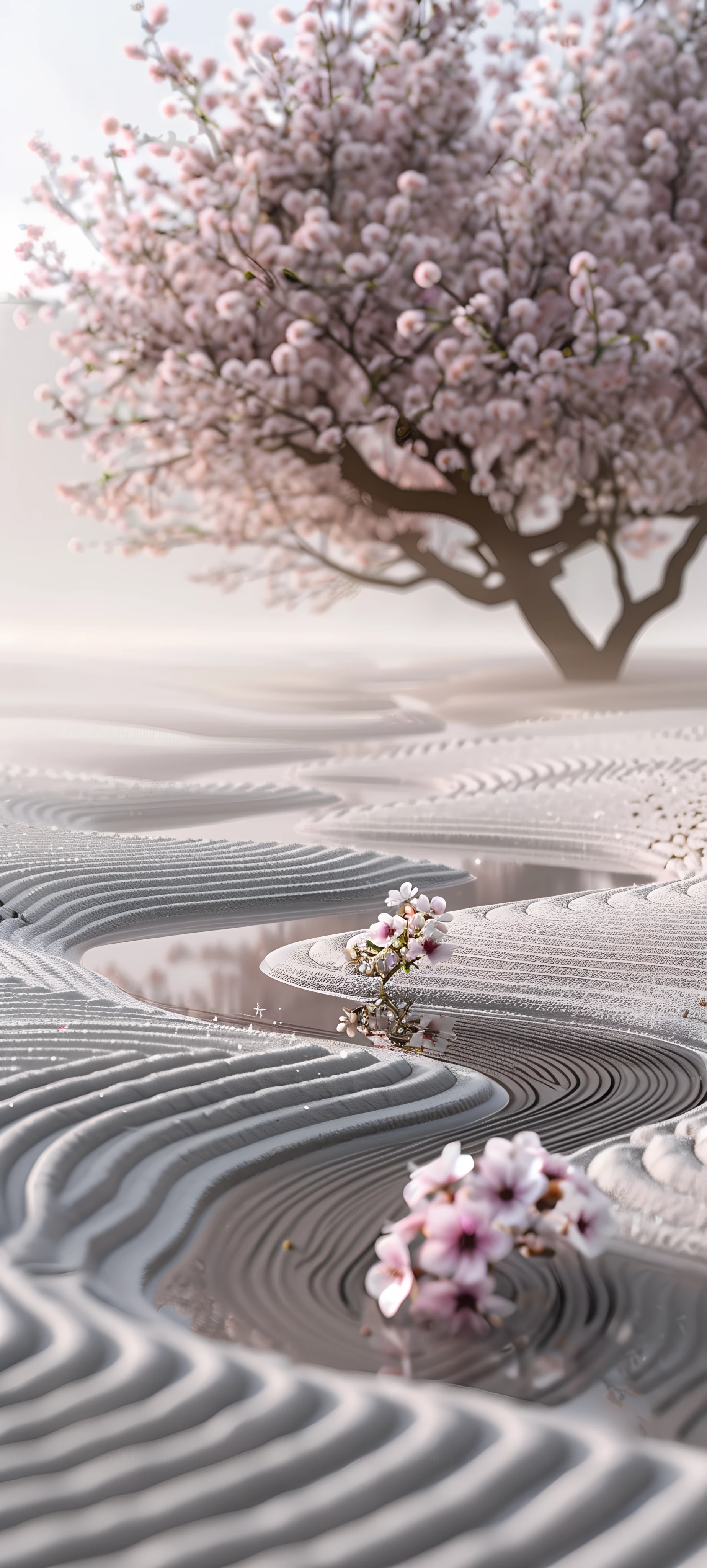 serene fusion wallpaper — cherry blossoms, scenery, reflection, tree (free 4K phone download)