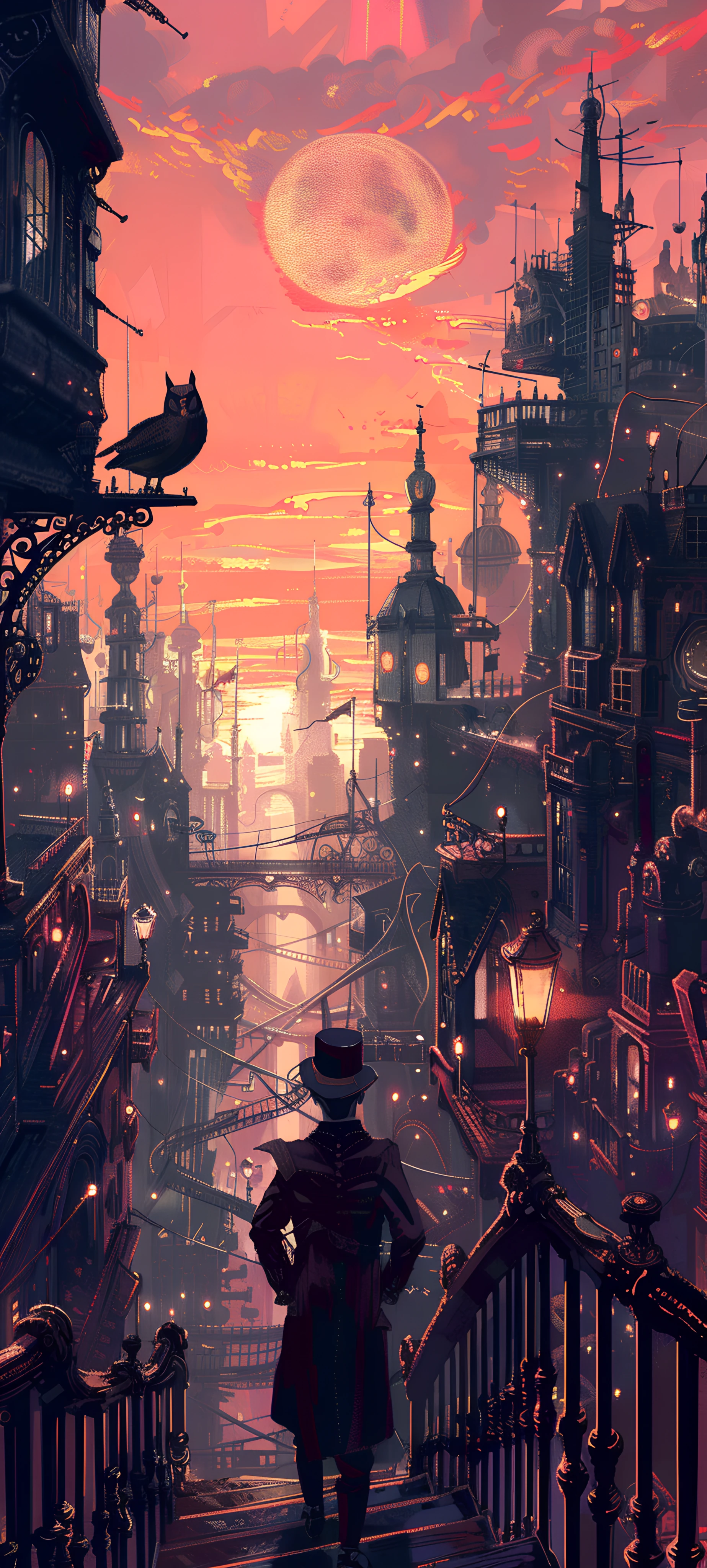 gothic anime boy wallpaper — hat, moon, bird, from behind (free 4K phone download)