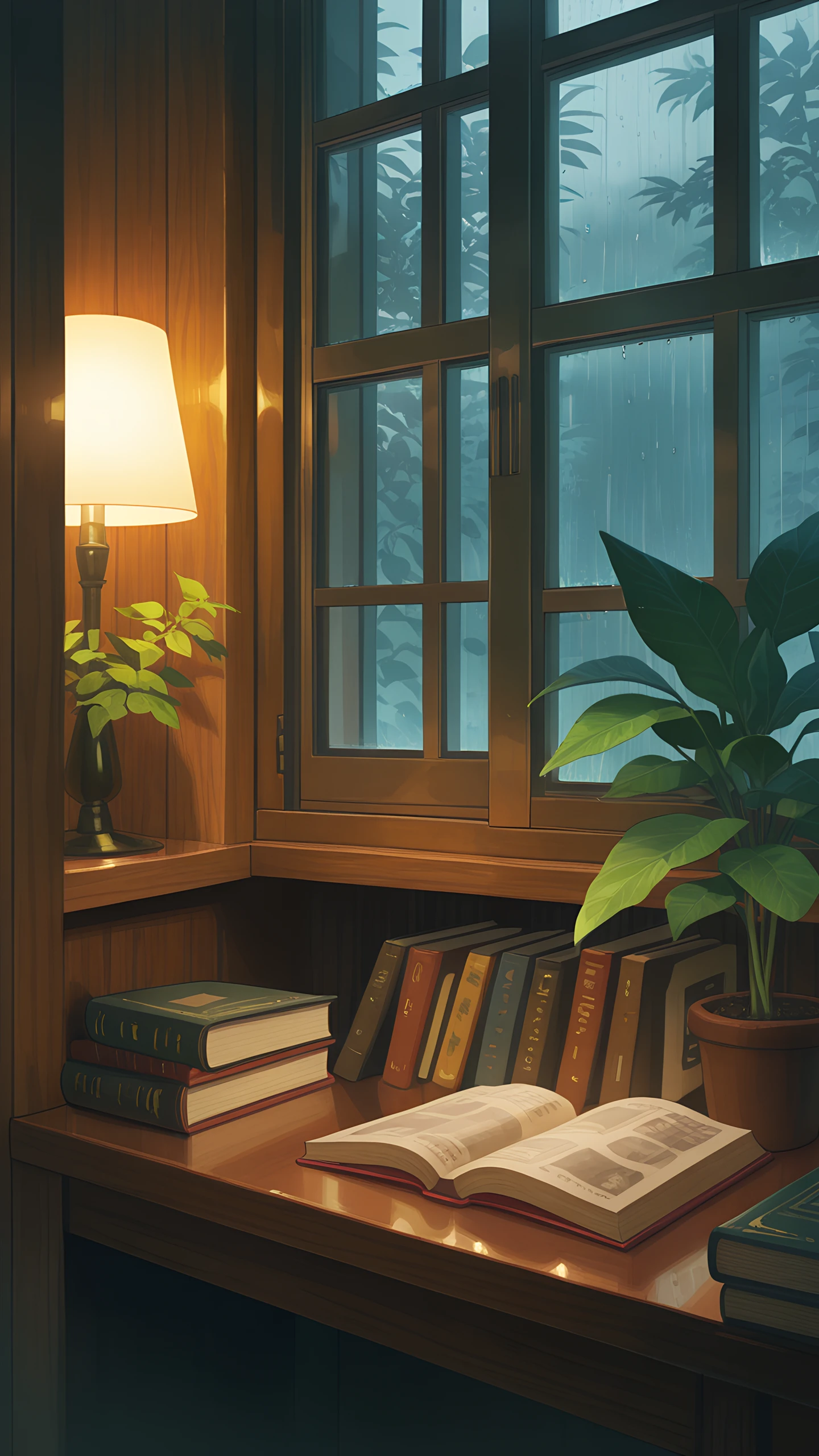 Anime Wallpaper Study Nook Rain 1440×2560 anime wallpaper