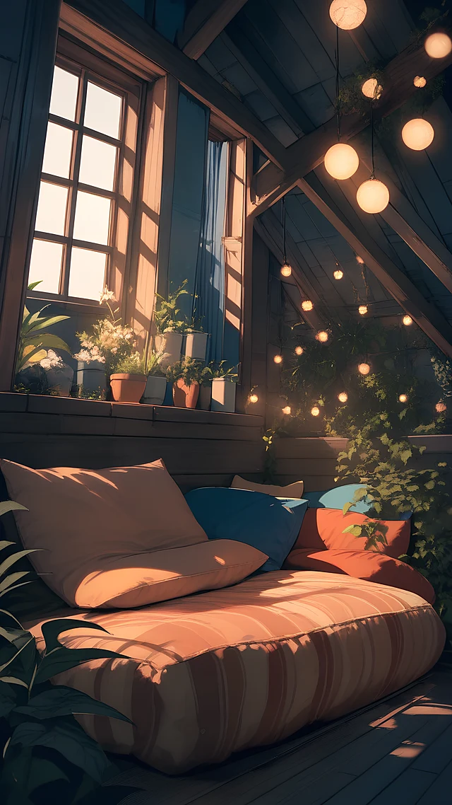 anime wallpaper cozy attic room — 1440×2560