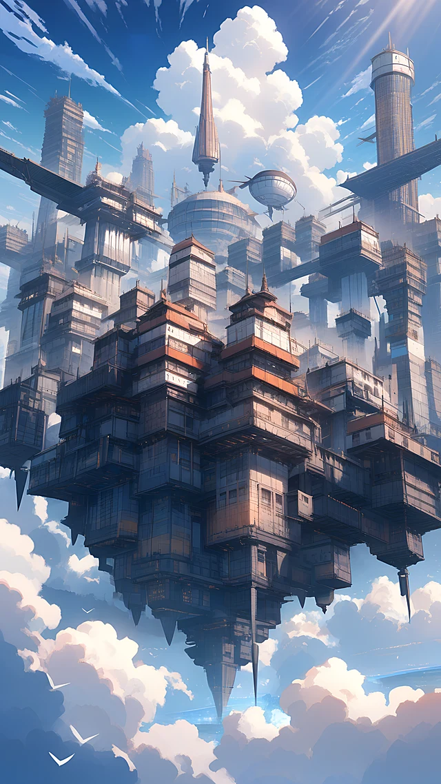 anime wallpaper airship sky city — 1440×2560