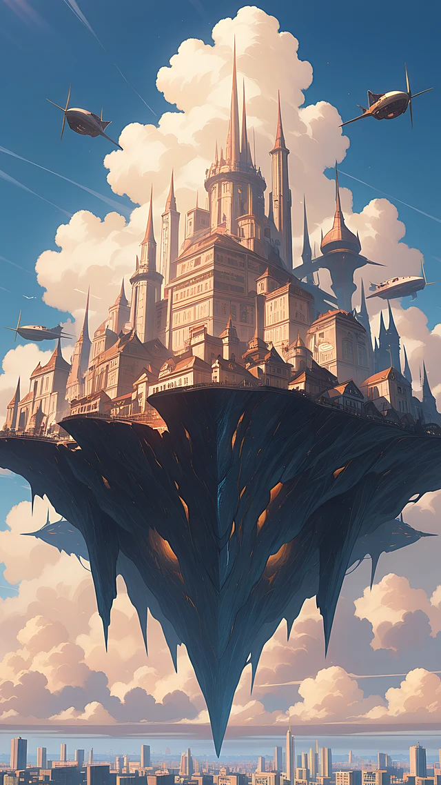 anime wallpaper airship sky city — 1440×2560