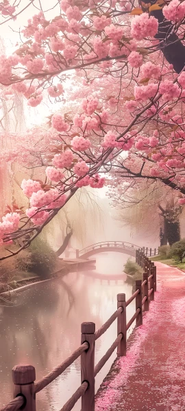 dreamy nature wallpaper — cherry blossoms, scenery, tree, bridge (free 4K phone download)
