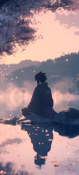 serene anime boy wallpaper — male focus, black hair, reflection (free 4K phone download)