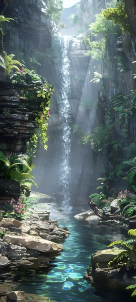serene nature wallpaper — scenery, waterfall, water, rock (free 4K phone download)