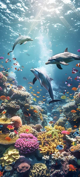 colorful nature wallpaper — coral, fish, underwater, turtle (free 4K phone download)