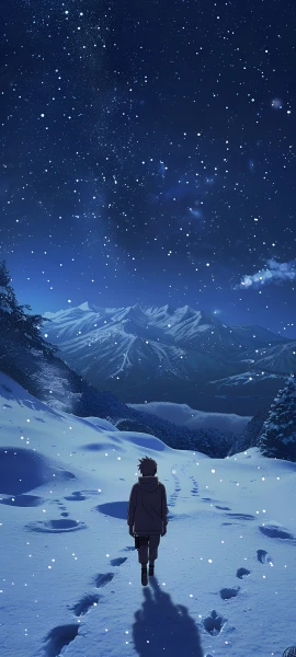 cozy anime boy wallpaper — sky, snow, night, footprints (free 4K phone download)