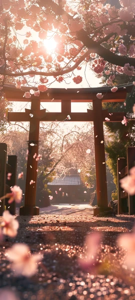 romantic nature wallpaper — scenery, cherry blossoms, torii, tree (free 4K phone download)