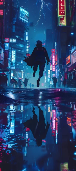 futuristic anime boy wallpaper — rain, night, city, reflection (free 4K phone download)