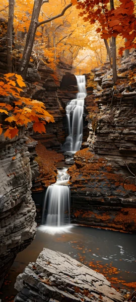 serene nature wallpaper — waterfall, autumn leaves, scenery, water (free 4K phone download)