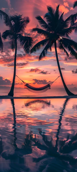 serene nature wallpaper — tree, palm tree, reflection, sunset (free 4K phone download)