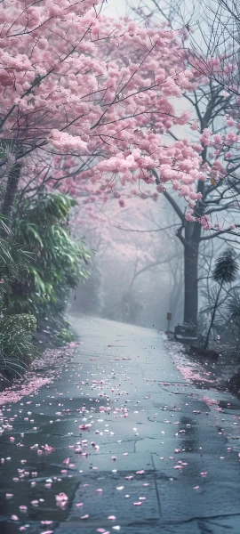 serene nature wallpaper — tree, scenery, cherry blossoms, road (free 4K phone download)